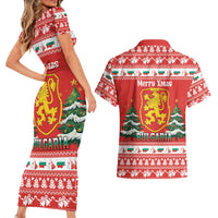 Bulgaria Christmas Couples Matching Short Sleeve Bodycon Dress and Hawaiian Shirt Merry Xmas Lion Crest - Wonder Print Shop