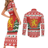 Bulgaria Christmas Couples Matching Short Sleeve Bodycon Dress and Long Sleeve Button Shirt Merry Xmas Lion Crest - Wonder Print Shop