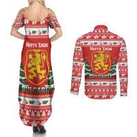 Bulgaria Christmas Couples Matching Summer Maxi Dress and Long Sleeve Button Shirt Merry Xmas Lion Crest - Wonder Print Shop