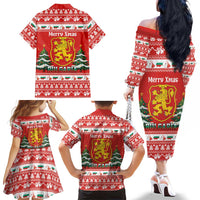 Bulgaria Christmas Family Matching Off The Shoulder Long Sleeve Dress and Hawaiian Shirt Merry Xmas Lion Crest - Wonder Print Shop