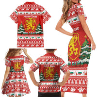 Bulgaria Christmas Family Matching Short Sleeve Bodycon Dress and Hawaiian Shirt Merry Xmas Lion Crest - Wonder Print Shop