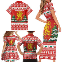 Bulgaria Christmas Family Matching Short Sleeve Bodycon Dress and Hawaiian Shirt Merry Xmas Lion Crest - Wonder Print Shop