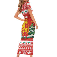 Bulgaria Christmas Family Matching Short Sleeve Bodycon Dress and Hawaiian Shirt Merry Xmas Lion Crest - Wonder Print Shop