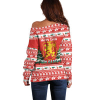 Bulgaria Christmas Off Shoulder Sweater Merry Xmas Lion Crest - Wonder Print Shop