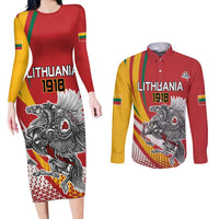 Personalized Lithuania Independence Day Couples Matching Long Sleeve Bodycon Dress and Long Sleeve Button Shirt Lithuanian Vytis Swoosh - Wonder Print Shop