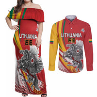 Personalized Lithuania Independence Day Couples Matching Off Shoulder Maxi Dress and Long Sleeve Button Shirt Lithuanian Vytis Swoosh - Wonder Print Shop