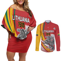 Personalized Lithuania Independence Day Couples Matching Off Shoulder Short Dress and Long Sleeve Button Shirt Lithuanian Vytis Swoosh - Wonder Print Shop