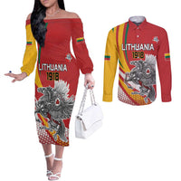 Personalized Lithuania Independence Day Couples Matching Off The Shoulder Long Sleeve Dress and Long Sleeve Button Shirt Lithuanian Vytis Swoosh