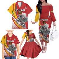 Personalized Lithuania Independence Day Family Matching Off The Shoulder Long Sleeve Dress and Hawaiian Shirt Lithuanian Vytis Swoosh - Wonder Print Shop