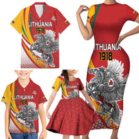 Personalized Lithuania Independence Day Family Matching Short Sleeve Bodycon Dress and Hawaiian Shirt Lithuanian Vytis Swoosh - Wonder Print Shop