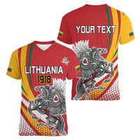 Personalized Lithuania Independence Day Women V-Neck T-Shirt Lithuanian Vytis Swoosh - Wonder Print Shop