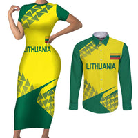 Custom Lithuania Volleyball Couples Matching Short Sleeve Bodycon Dress and Long Sleeve Button Shirt Go Champion Sporty Style - Wonder Print Shop