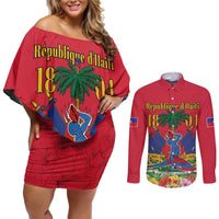 Haiti Independence Day Couples Matching Off Shoulder Short Dress and Long Sleeve Button Shirt Le Marron Inconnu Unity Makes Strength - Wonder Print Shop