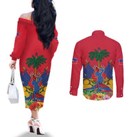 Haiti Independence Day Couples Matching Off The Shoulder Long Sleeve Dress and Long Sleeve Button Shirt Le Marron Inconnu Unity Makes Strength