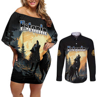 Personalized Estonia Couples Matching Off Shoulder Short Dress and Long Sleeve Button Shirt Wolf Howling At The Moon - Wonder Print Shop