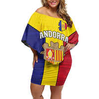 Custom Andorra Coat Of Arms Family Matching Off Shoulder Short Dress and Hawaiian Shirt Narcissus Poeticus Flowers Flag Style