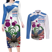 Scottish American Heritage Month Couples Matching Long Sleeve Bodycon Dress and Long Sleeve Button Shirt Thistle And American Eagle