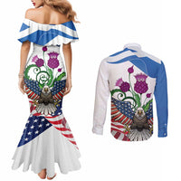 Scottish American Heritage Month Couples Matching Mermaid Dress and Long Sleeve Button Shirt Thistle And American Eagle