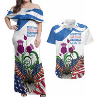 Scottish American Heritage Month Couples Matching Off Shoulder Maxi Dress and Hawaiian Shirt Thistle And American Eagle