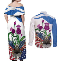 Scottish American Heritage Month Couples Matching Off Shoulder Maxi Dress and Long Sleeve Button Shirt Thistle And American Eagle