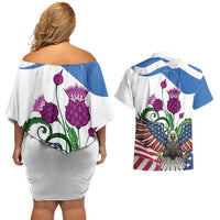 Scottish American Heritage Month Couples Matching Off Shoulder Short Dress and Hawaiian Shirt Thistle And American Eagle