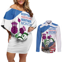 Scottish American Heritage Month Couples Matching Off Shoulder Short Dress and Long Sleeve Button Shirt Thistle And American Eagle
