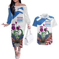 Scottish American Heritage Month Couples Matching Off The Shoulder Long Sleeve Dress and Hawaiian Shirt Thistle And American Eagle
