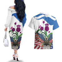 Scottish American Heritage Month Couples Matching Off The Shoulder Long Sleeve Dress and Hawaiian Shirt Thistle And American Eagle