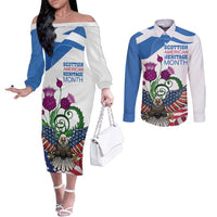 Scottish American Heritage Month Couples Matching Off The Shoulder Long Sleeve Dress and Long Sleeve Button Shirt Thistle And American Eagle