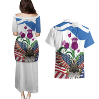 Scottish American Heritage Month Couples Matching Puletasi and Hawaiian Shirt Thistle And American Eagle