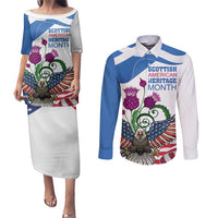 Scottish American Heritage Month Couples Matching Puletasi and Long Sleeve Button Shirt Thistle And American Eagle