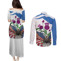 Scottish American Heritage Month Couples Matching Puletasi and Long Sleeve Button Shirt Thistle And American Eagle