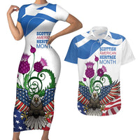 Scottish American Heritage Month Couples Matching Short Sleeve Bodycon Dress and Hawaiian Shirt Thistle And American Eagle