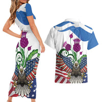 Scottish American Heritage Month Couples Matching Short Sleeve Bodycon Dress and Hawaiian Shirt Thistle And American Eagle