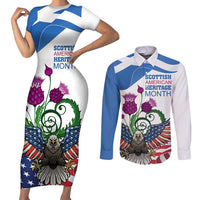 Scottish American Heritage Month Couples Matching Short Sleeve Bodycon Dress and Long Sleeve Button Shirt Thistle And American Eagle