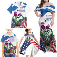 Scottish American Heritage Month Family Matching Off Shoulder Maxi Dress and Hawaiian Shirt Thistle And American Eagle