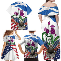 Scottish American Heritage Month Family Matching Off Shoulder Maxi Dress and Hawaiian Shirt Thistle And American Eagle