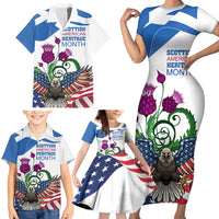 Scottish American Heritage Month Family Matching Short Sleeve Bodycon Dress and Hawaiian Shirt Thistle And American Eagle