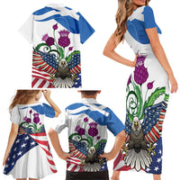 Scottish American Heritage Month Family Matching Short Sleeve Bodycon Dress and Hawaiian Shirt Thistle And American Eagle