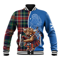 Scottish Tartan Baseball Jacket Highland Cow Playing Bagpipes