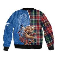 Scottish Tartan Bomber Jacket Highland Cow Playing Bagpipes