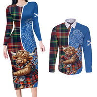 Scottish Tartan Couples Matching Long Sleeve Bodycon Dress and Long Sleeve Button Shirt Highland Cow Playing Bagpipes