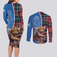 Scottish Tartan Couples Matching Long Sleeve Bodycon Dress and Long Sleeve Button Shirt Highland Cow Playing Bagpipes