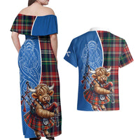 Scottish Tartan Couples Matching Off Shoulder Maxi Dress and Hawaiian Shirt Highland Cow Playing Bagpipes