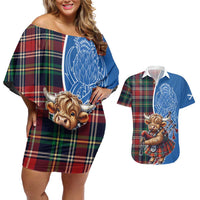 Scottish Tartan Couples Matching Off Shoulder Short Dress and Hawaiian Shirt Highland Cow Playing Bagpipes