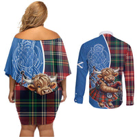 Scottish Tartan Couples Matching Off Shoulder Short Dress and Long Sleeve Button Shirt Highland Cow Playing Bagpipes