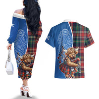 Scottish Tartan Couples Matching Off The Shoulder Long Sleeve Dress and Hawaiian Shirt Highland Cow Playing Bagpipes