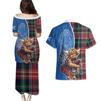 Scottish Tartan Couples Matching Puletasi and Hawaiian Shirt Highland Cow Playing Bagpipes