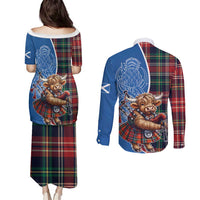 Scottish Tartan Couples Matching Puletasi and Long Sleeve Button Shirt Highland Cow Playing Bagpipes