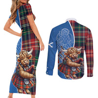 Scottish Tartan Couples Matching Short Sleeve Bodycon Dress and Long Sleeve Button Shirt Highland Cow Playing Bagpipes